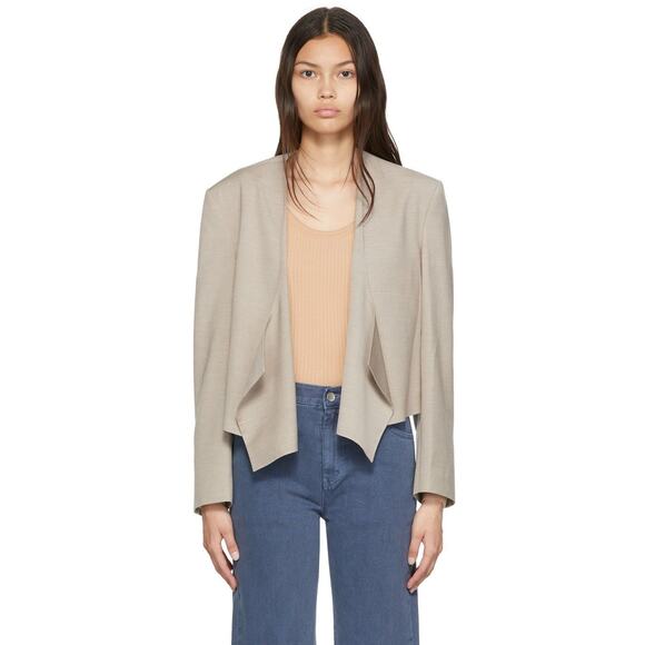 Low Classic Curve‎ Neck Blazer Jacket Neutral Beige Wool Blend Medium Draped - Picture 1 of 8